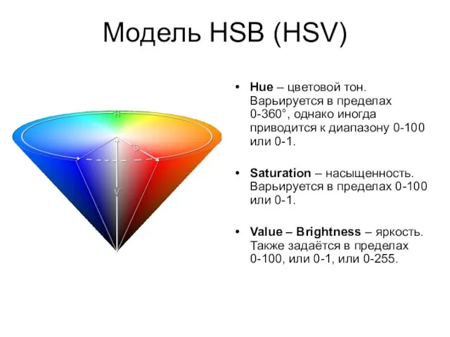 Модель HSB (HSV) Hue – цветовой тон. Варьируется в пределах 0-360°, однако