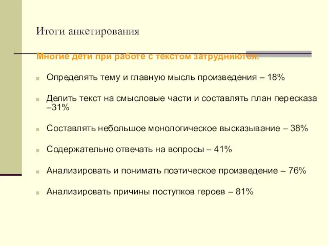 Итоги анкетирования Многие дети при работе с текстом затрудняются: Определять тему и