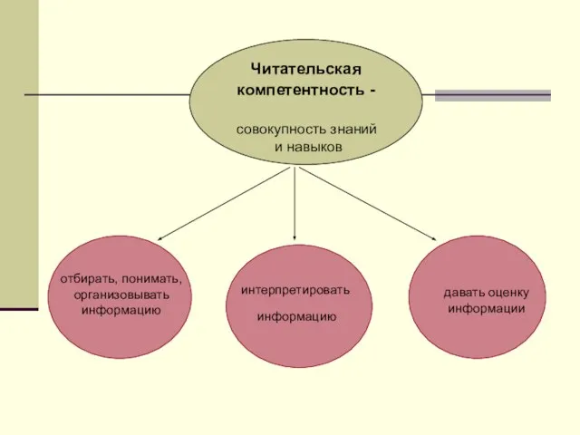 Читательская компетентность - совокупность знаний и навыков отбирать, понимать, организовывать информацию интерпретировать информацию давать оценку информации