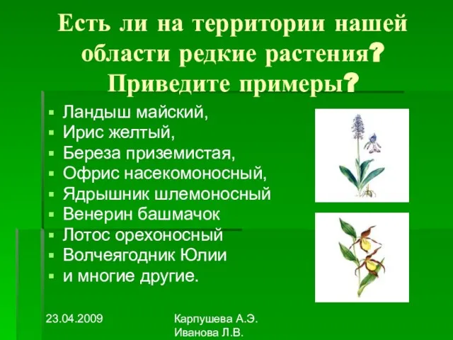 23.04.2009 Карпушева А.Э. Иванова Л.В. Есть ли на территории нашей области редкие