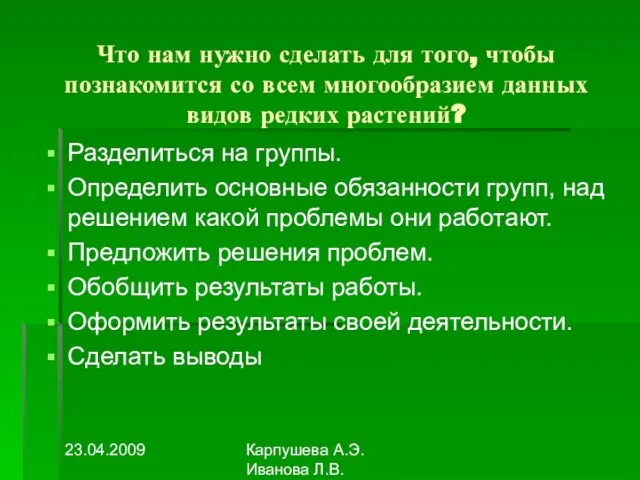 23.04.2009 Карпушева А.Э. Иванова Л.В. Что нам нужно сделать для того, чтобы