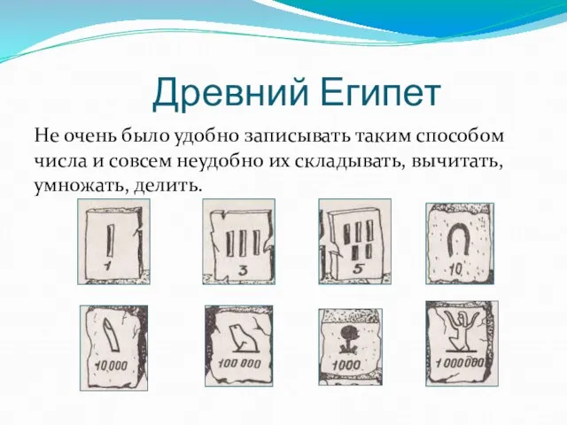 Древний Египет Не очень было удобно записывать таким способом числа и совсем