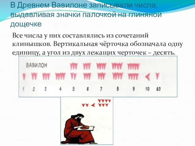 В Древнем Вавилоне записывали числа, выдавливая значки палочкой на глиняной дощечке Все