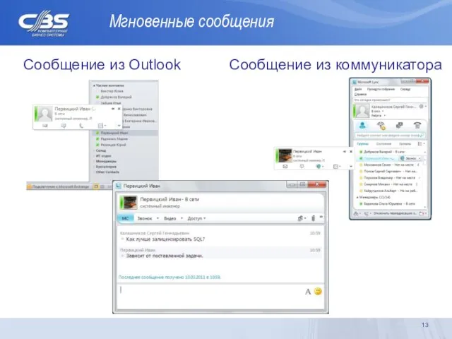 Мгновенные сообщения Сообщение из Outlook Сообщение из коммуникатора