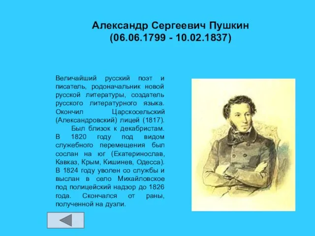 Александр Сергеевич Пушкин (06.06.1799 - 10.02.1837) Величайший русский поэт и писатель, родоначальник