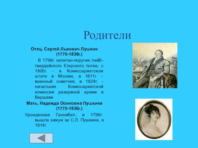 Родители Отец, Сергей Львович Пушкин (1770-1838г.) В 1796г. капитан-поручик лейб-гвардейского Егерского полка,