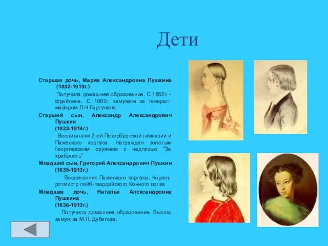 Дети Старшая дочь, Мария Александровна Пушкина (1832-1919г.) Получила домашнее образование. С 1852г.