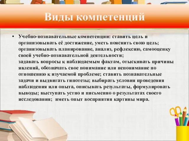 Виды компетенций Учебно-познавательные компетенции: ставить цель и организовывать её достижение, уметь пояснить