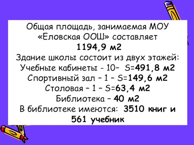 Общая площадь, занимаемая МОУ «Еловская ООШ» составляет 1194,9 м2 Здание школы состоит