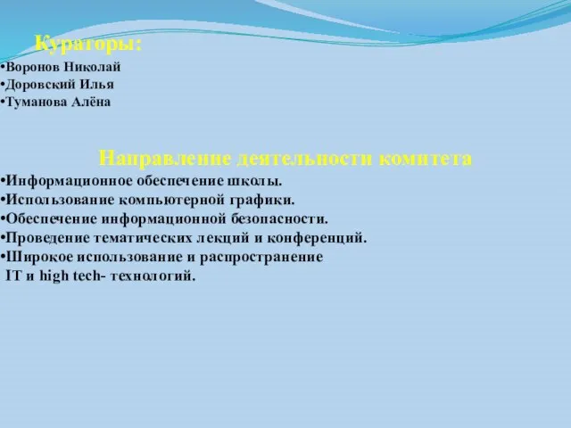 Кураторы: Воронов Николай Доровский Илья Туманова Алёна Направление деятельности комитета Информационное обеспечение