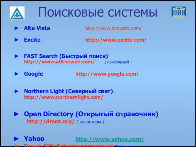 Поисковые системы Alta Vista http://www.altavista.com/ Excite http://www.excite.com/ FAST Search (Быстрый поиск) http://www.alltheweb.com/