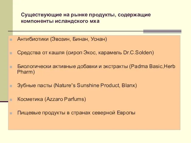 Существующие на рынке продукты, содержащие компоненты исландского мха Антибиотики (Эвозин, Бинан, Уснан)