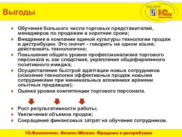 Выгоды Обучение большого числа торговых представителей, менеджеров по продажам в короткие сроки;