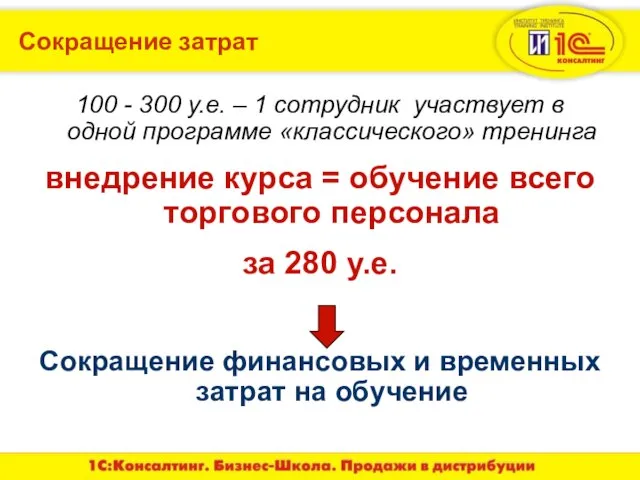 Сокращение затрат 100 - 300 у.е. – 1 сотрудник участвует в одной