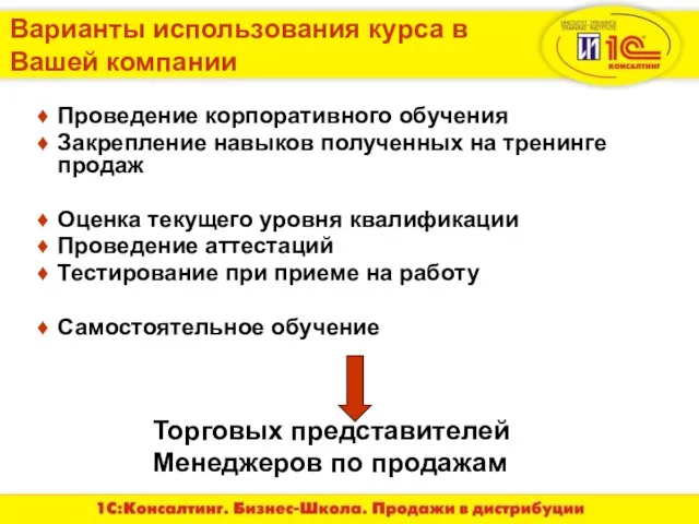 Варианты использования курса в Вашей компании Торговых представителей Менеджеров по продажам Проведение