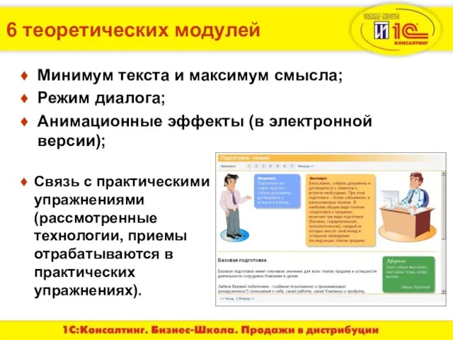 6 теоретических модулей Минимум текста и максимум смысла; Режим диалога; Анимационные эффекты