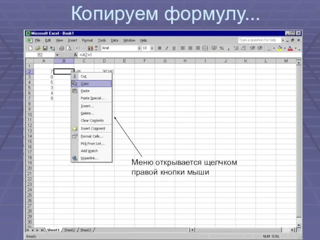 Копируем формулу... Меню открывается щелчком правой кнопки мыши