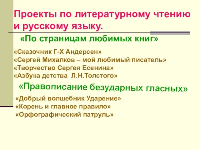 «Сказочник Г-Х Андерсен» «Сергей Михалков – мой любимый писатель» «Творчество Сергея Есенина»