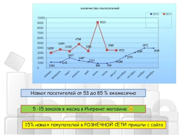 Новых посетителей от 53 до 85 % ежемесячно 15% новых покупателей в