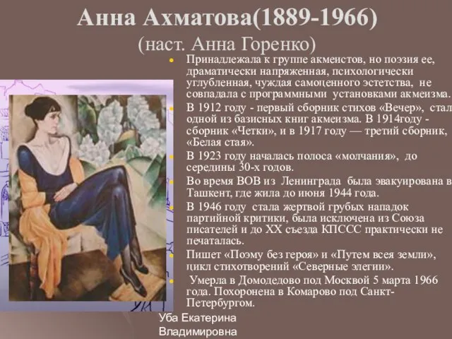 Уба Екатерина Владимировна МОУ Гимназия №33 г.Ульяновска Анна Ахматова(1889-1966) (наст. Анна Горенко)