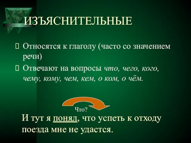 ИЗЪЯСНИТЕЛЬНЫЕ Относятся к глаголу (часто со значением речи) Отвечают на вопросы что,