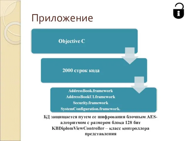 Приложение БД защищается путем ее шифрования блочным AES-алгоритмом с размером блока 128