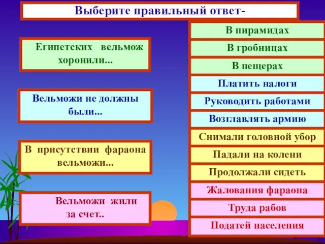 Выберите правильный ответ- Египетских вельмож хоронили... Вельможи не должны были... В присутствии