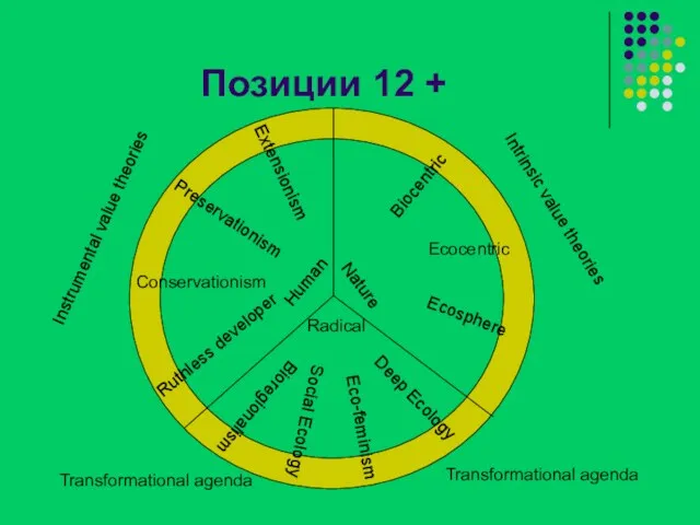 Позиции 12 + Nature Radical Ruthless developer Conservationism Preservationism Extensionism Human Biocentric