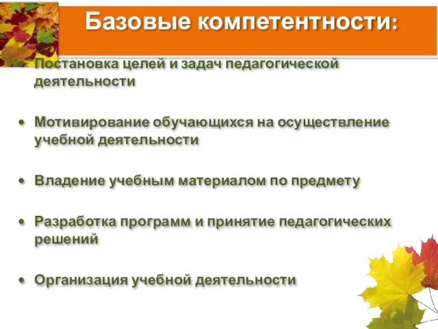 Базовые компетентности: Постановка целей и задач педагогической деятельности Мотивирование обучающихся на осуществление