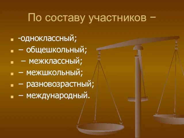 По составу участников − -одноклассный; − общешкольный; − межклассный; − межшкольный; − разновозрастный; − международный.