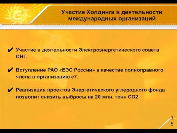 Участие Холдинга в деятельности международных организаций Участие в деятельности Электроэнергетического совета СНГ.