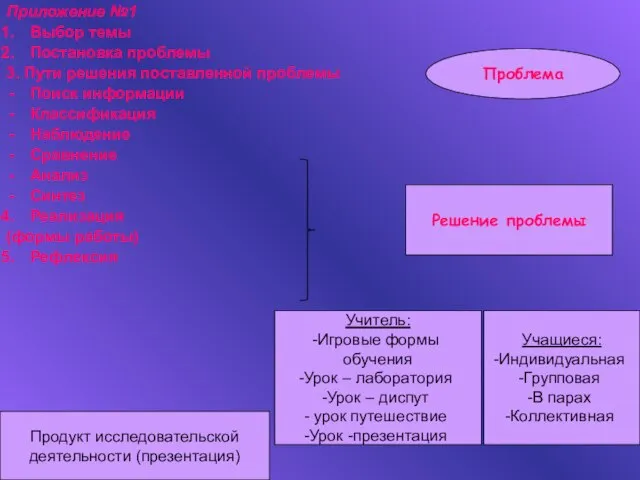 Приложение №1 Выбор темы Постановка проблемы 3. Пути решения поставленной проблемы Поиск