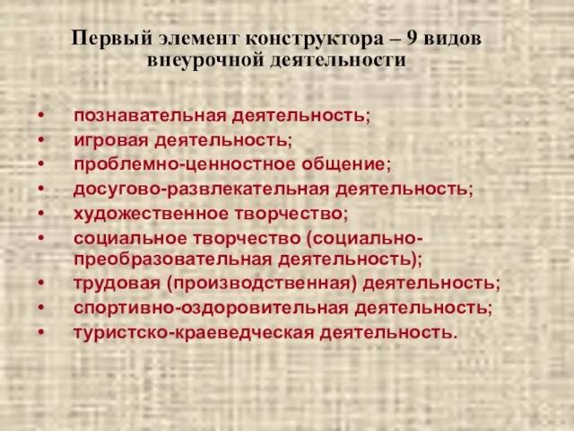 познавательная деятельность; игровая деятельность; проблемно-ценностное общение; досугово-развлекательная деятельность; художественное творчество; социальное творчество