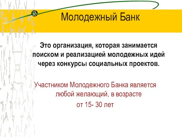 Молодежный Банк Это организация, которая занимается поиском и реализацией молодежных идей через