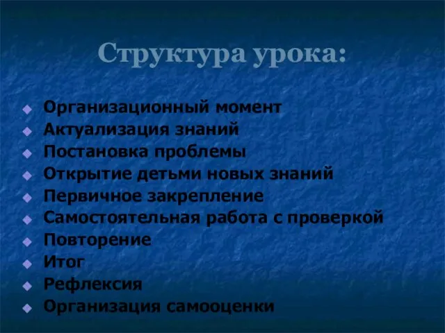 Структура урока: Организационный момент Актуализация знаний Постановка проблемы Открытие детьми новых знаний