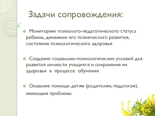 Задачи сопровождения: Мониторинг психолого-педагогического статуса ребенка, динамики его психического развития, состояния психологического