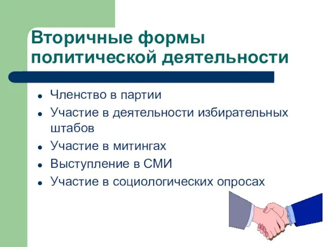 Вторичные формы политической деятельности Членство в партии Участие в деятельности избирательных штабов