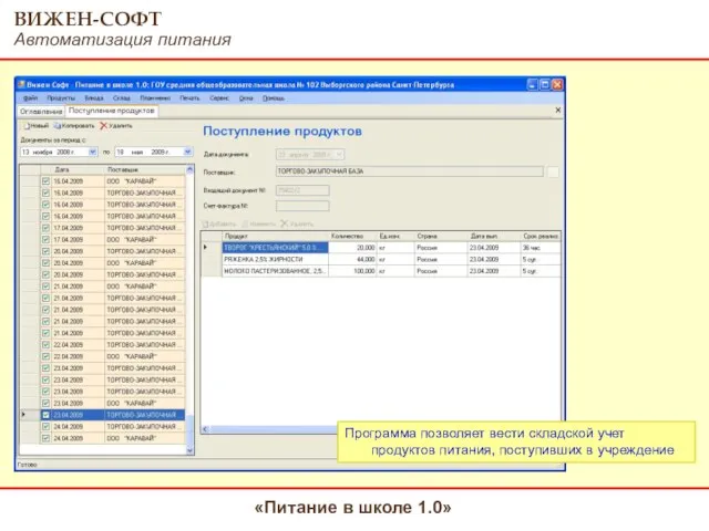 Программа позволяет вести складской учет продуктов питания, поступивших в учреждение