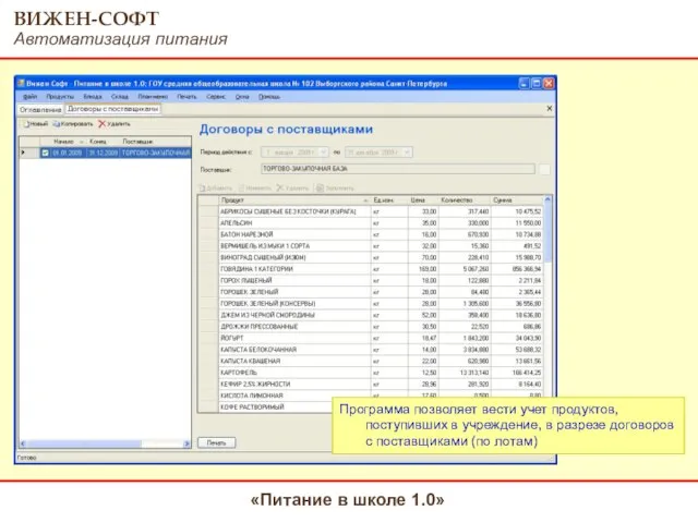 Программа позволяет вести учет продуктов, поступивших в учреждение, в разрезе договоров с поставщиками (по лотам)