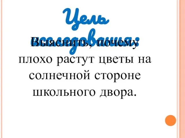 Цель исследования: Выяснить, почему плохо растут цветы на солнечной стороне школьного двора.