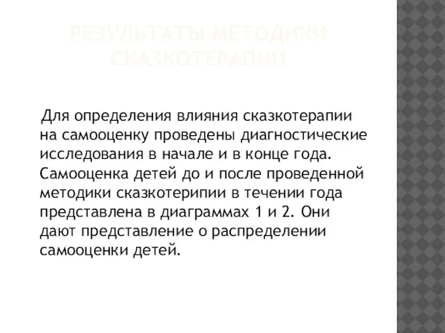 РЕЗУЛЬТАТЫ МЕТОДИКИ СКАЗКОТЕРАПИИ Для определения влияния сказкотерапии на самооценку проведены диагностические исследования