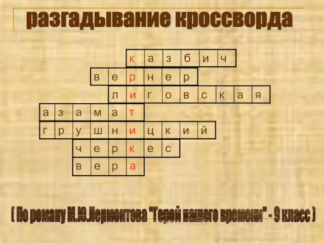 разгадывание кроссворда ( По роману М.Ю.Лермонтова "Герой нашего времени" - 9 класс )