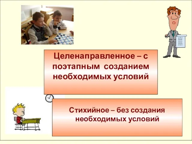 Стихийное – без создания необходимых условий Целенаправленное – с поэтапным созданием необходимых условий