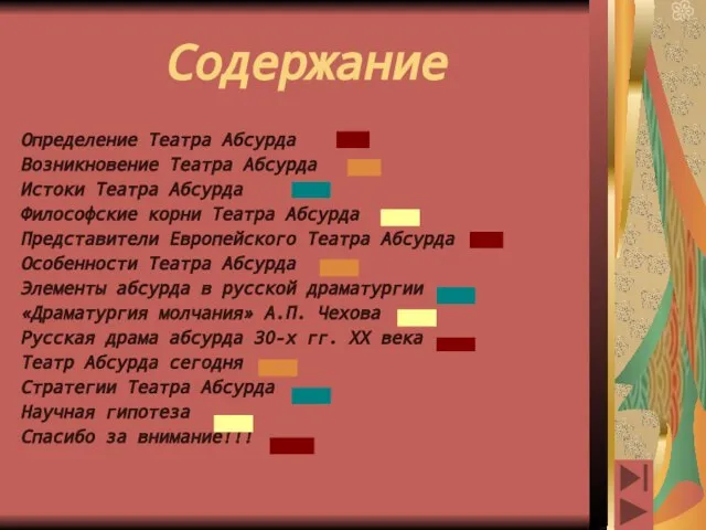 Содержание Определение Театра Абсурда Возникновение Театра Абсурда Истоки Театра Абсурда Философские корни