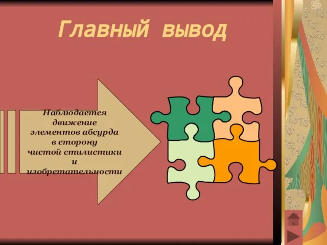 Главный вывод Наблюдается движение элементов абсурда в сторону чистой стилистики и изобретательности