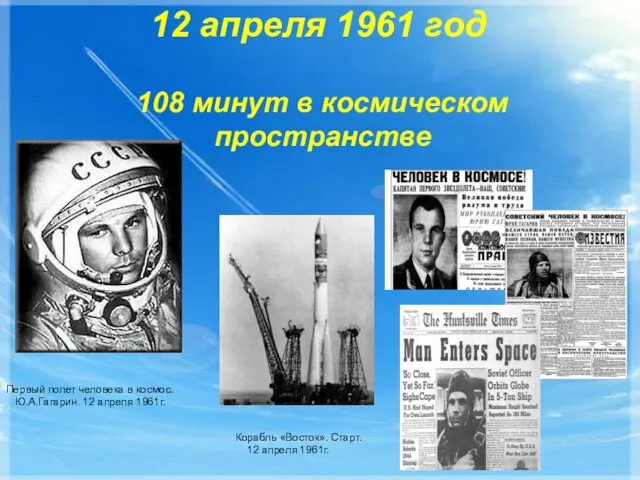 12 апреля 1961 год Первый полет человека в космос. Ю.А.Гагарин. 12 апреля