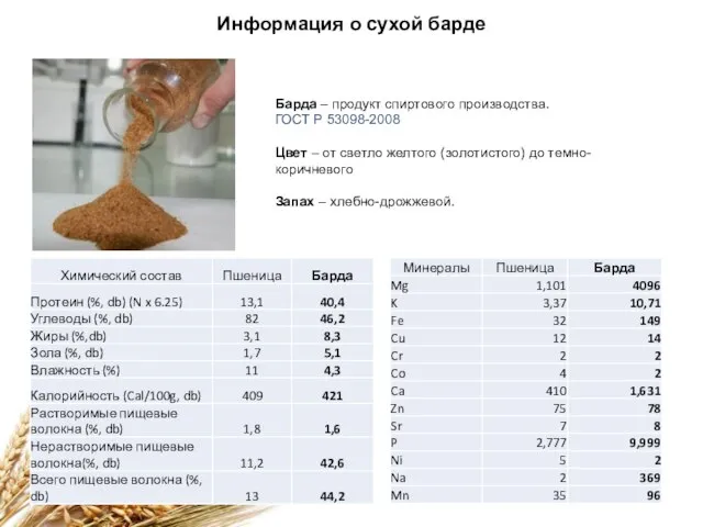 Информация о сухой барде Барда – продукт спиртового производства. ГОСТ Р 53098-2008