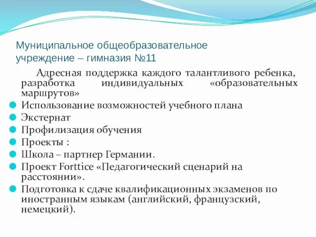 Муниципальное общеобразовательное учреждение – гимназия №11 Адресная поддержка каждого талантливого ребенка, разработка