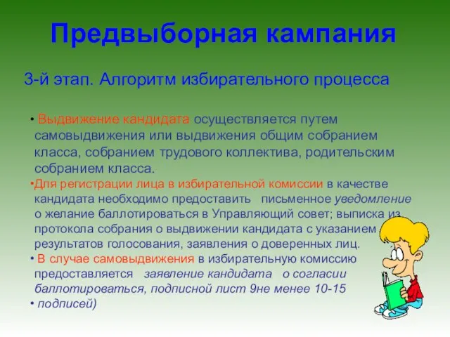 3-й этап. Алгоритм избирательного процесса Предвыборная кампания Выдвижение кандидата осуществляется путем самовыдвижения