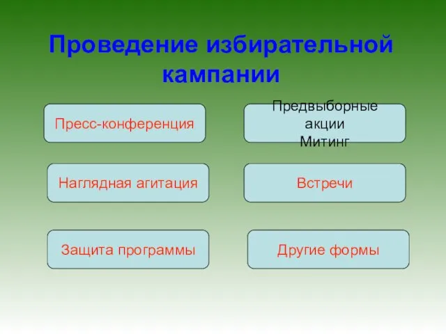 Проведение избирательной кампании Пресс-конференция Наглядная агитация Защита программы Другие формы Предвыборные акции Митинг Встречи